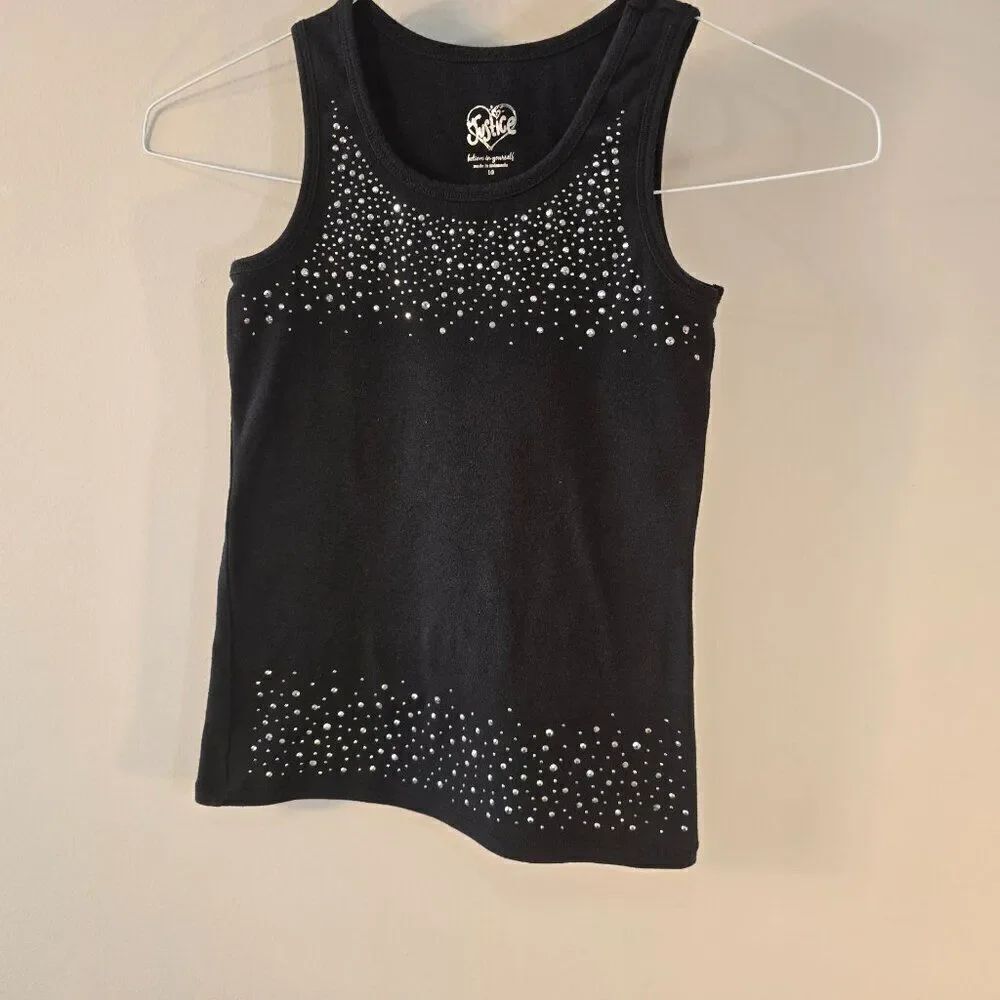 Justice Kids Girls Size 10 Fitted Black Muscle Tank Top Studded Bling Scoop Neck